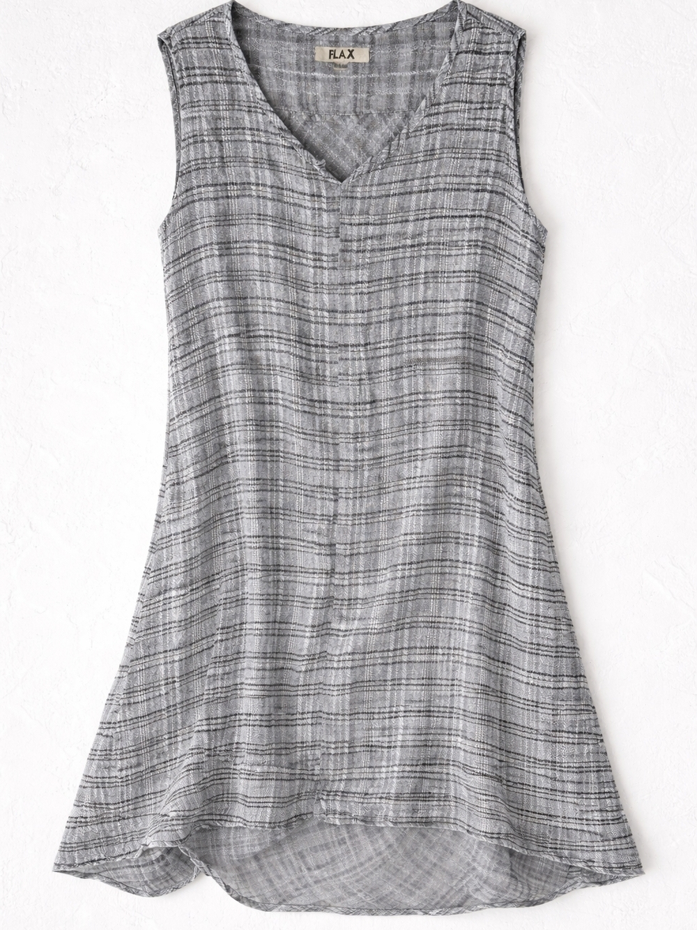 FLAX Sleeveless Linen Tunic Dress in Gray Plaid Pockets